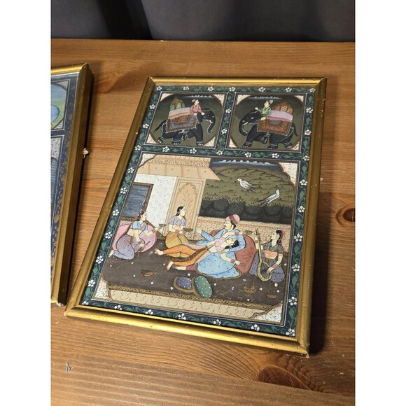 Set Of 2, Mughal Harem Art, Handmade Indian Miniature Painting On Paper 7x10 Vtg - Picture 3 of 6